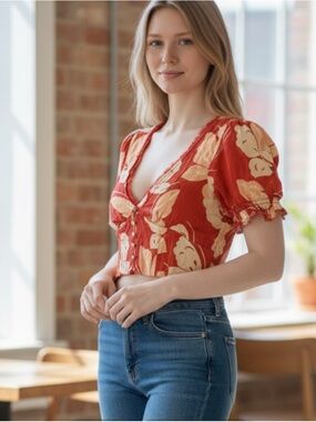 Urban Outfitters Rust Red butterfly Floral Button-Front Crop Top S Spring boho